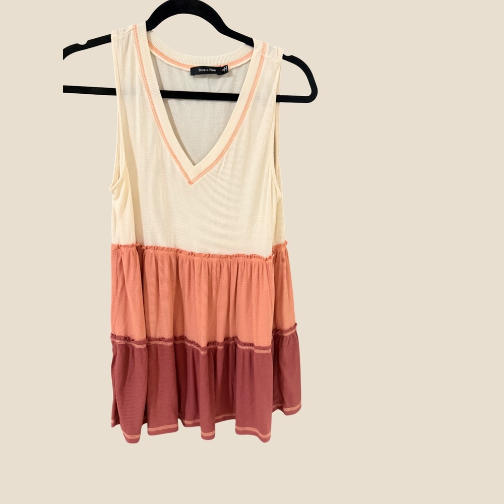 Doe & Rae Womens Waffle Knit Colorblock Babydoll Tunic Top Cream Peach Mauve S